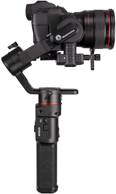 Modern mirrorless camera mounted to handheld gimbal system.  