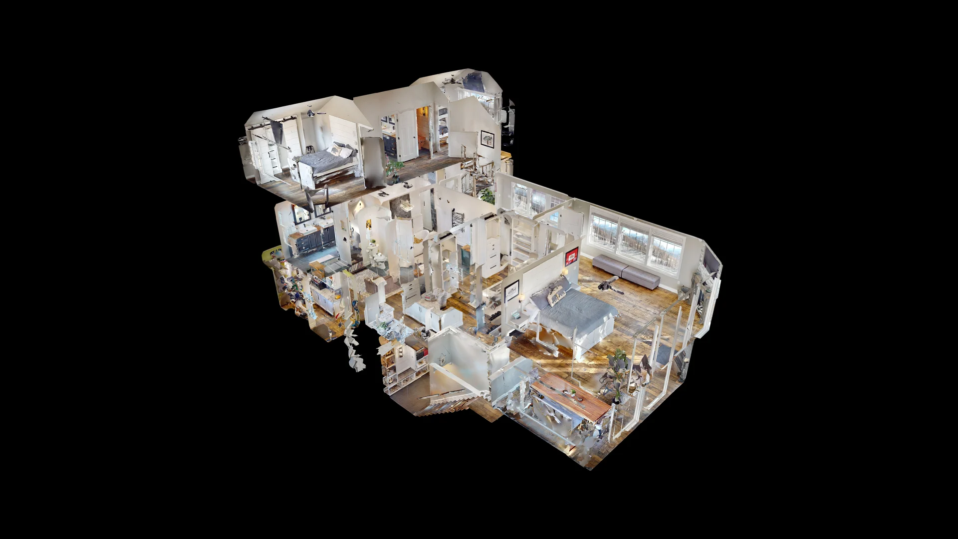 Dollhouse view of 3-story home.  3D model created by Matterport system.  State of the art virtual property tours.