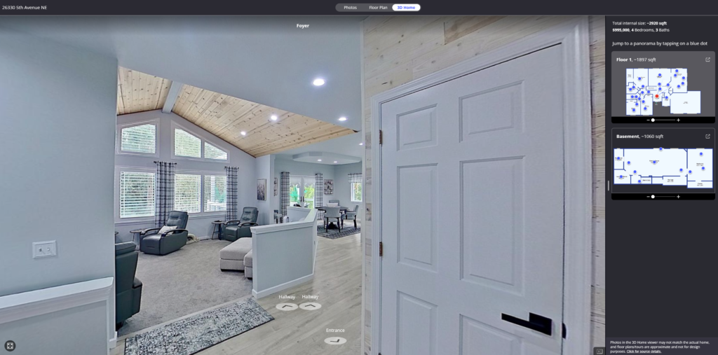 This image showcases a 360-degree panoramic view of a modern home interior featuring high ceilings with exposed wooden beams, an open-plan living space with stylish furnishings, and abundant natural light from large windows.