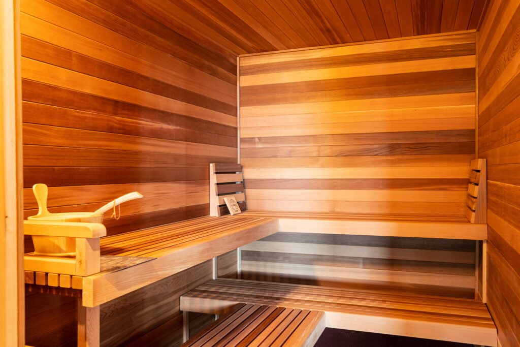 Enjoy the luxury of a private sauna within this home. Features beautiful wood craftsmanship and ample space for relaxation. A desirable vacation rental amenity.