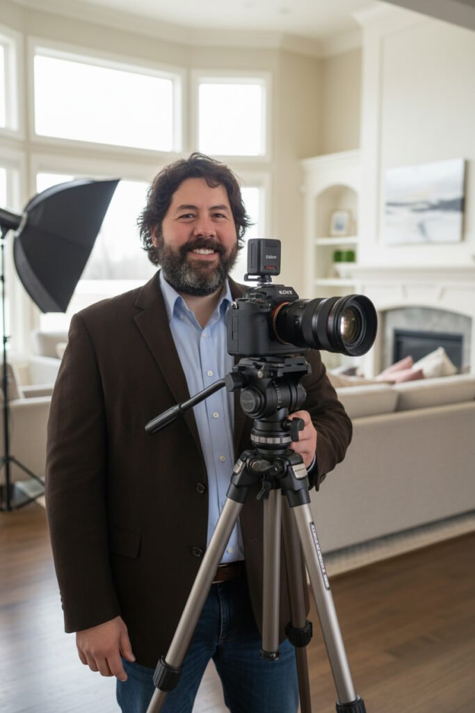 Real estate photographer Marcus Biastock on the job photographing a living room for a real estate listing.