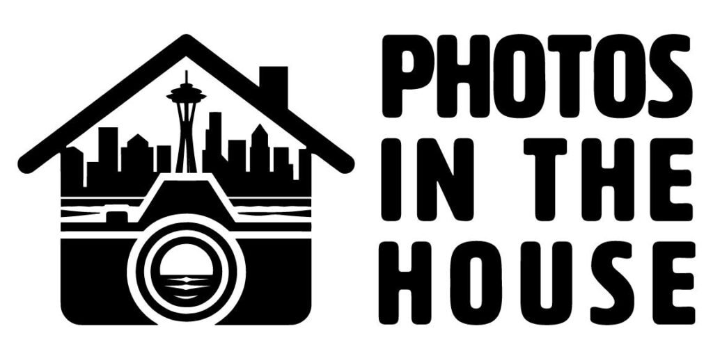 Photos in the House logo featuring black camera icon with house roofline and Seattle skyline silhouette including Space Needle, with company name in bold text
