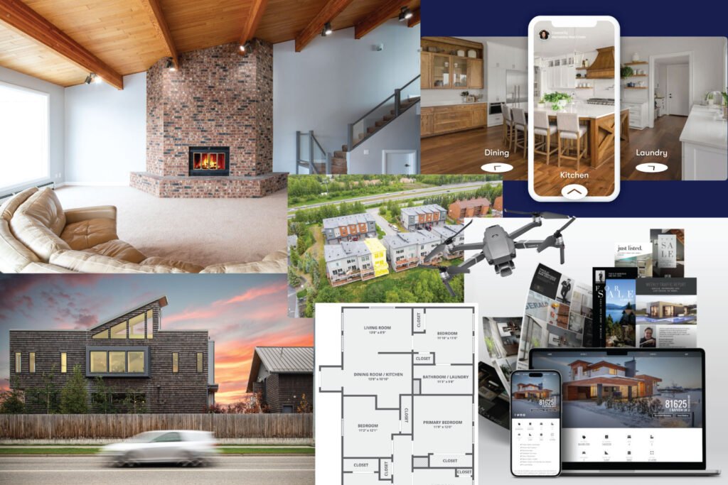 Collage showcasing real estate photography services including interior room with vaulted ceiling and brick fireplace, aerial drone view of apartment buildings, 3D virtual tour interface on smartphone, DJI drone with camera, floor plan schematic, twilight exterior home photography, and property marketing materials displayed on laptop and mobile devices