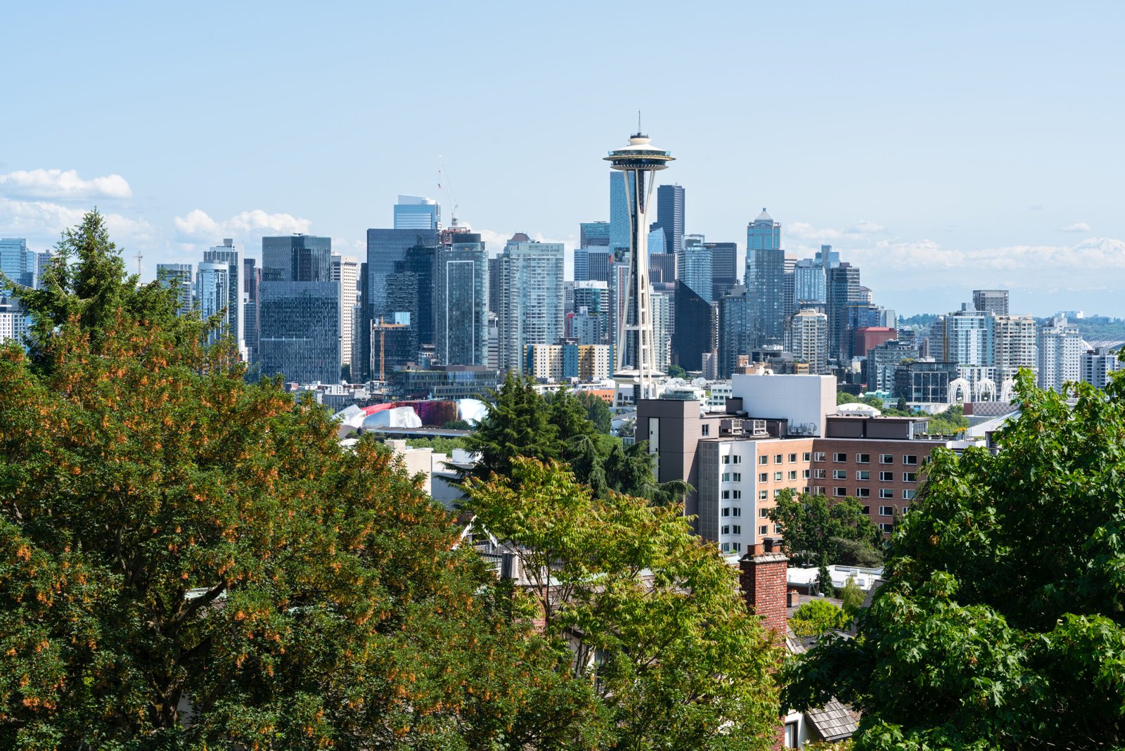 Seattle downtown skyline with Space Needle prominently featured, high-rise buildings, Puget Sound waterfront visible, framed by green trees in foreground from elevated viewpoint