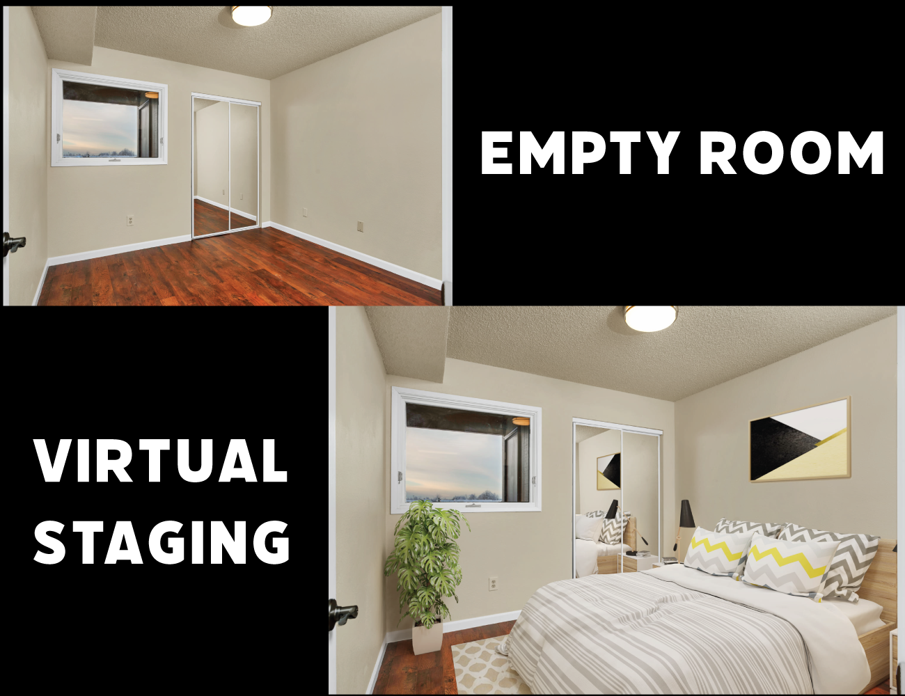 Before and after comparison showing empty bedroom with beige walls and hardwood floors transformed through virtual staging to furnished bedroom with platform bed, gray and yellow bedding, artwork, plants, and modern decor